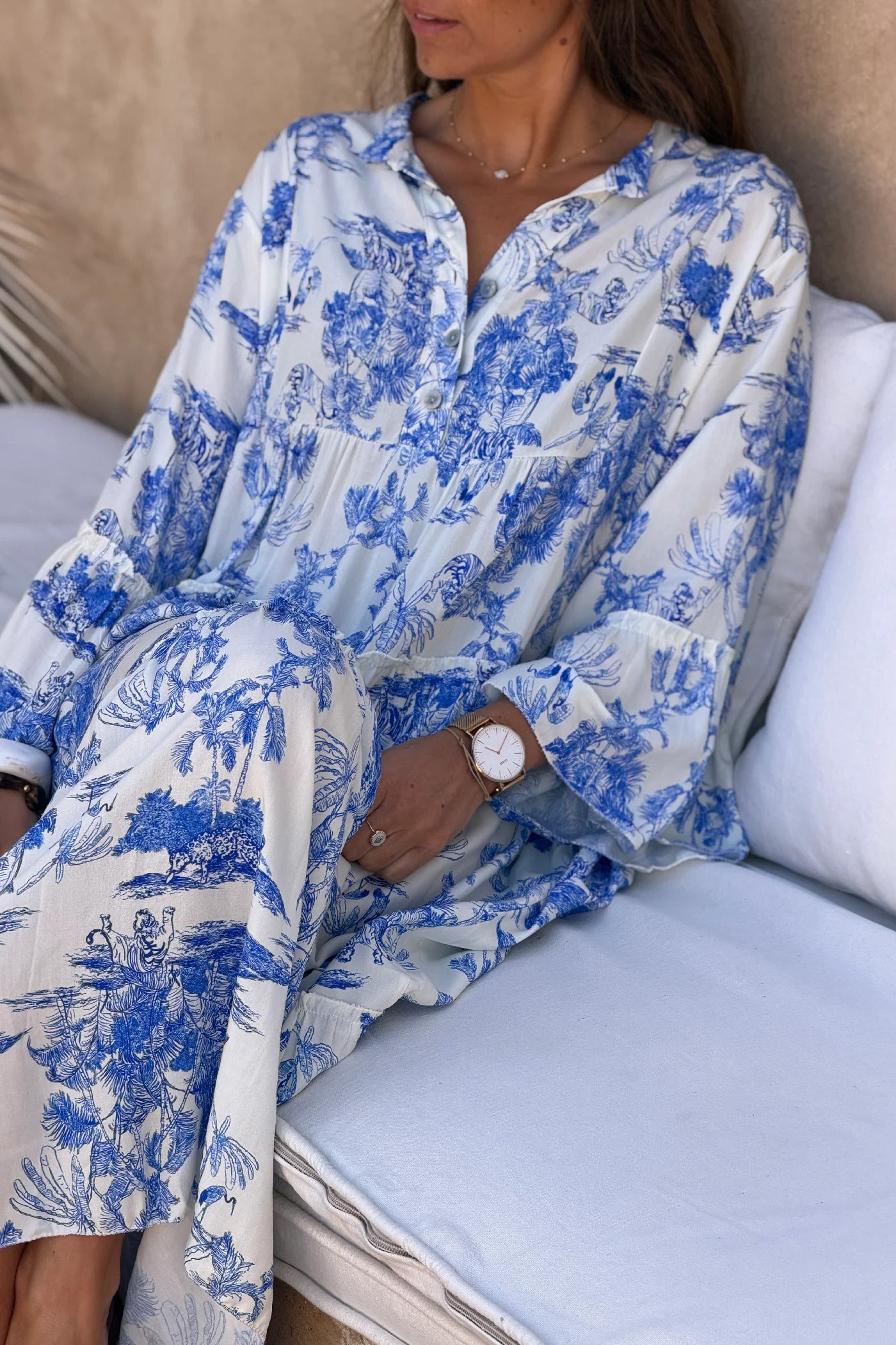 Tiered maxi dress with toile de jouy royal blue print - Horizons Lointains Tiered maxi dress with toile de jouy royal blue print - Horizons Lointains