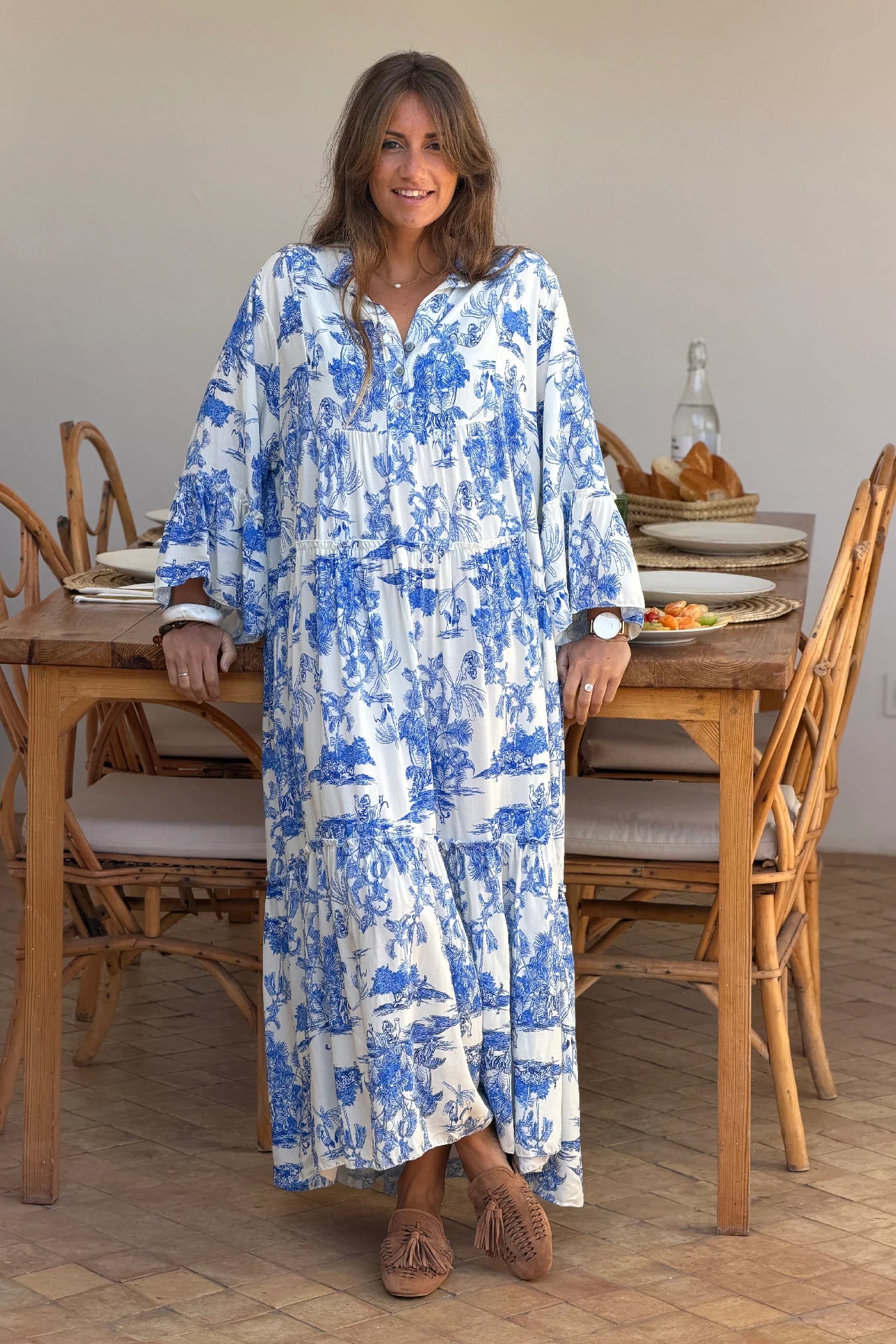 Tiered maxi dress with toile de jouy royal blue print