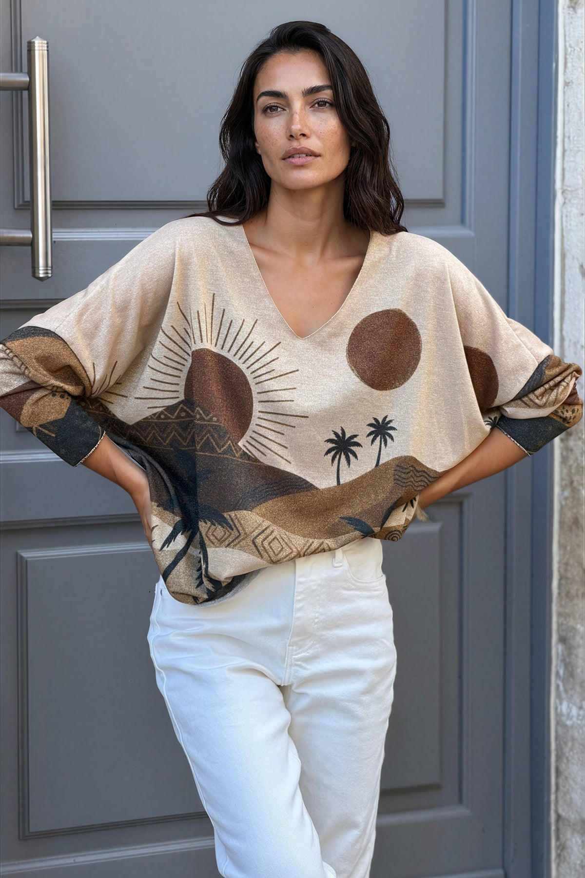 Brown Saharan Sunset Glitter Knit Blouse