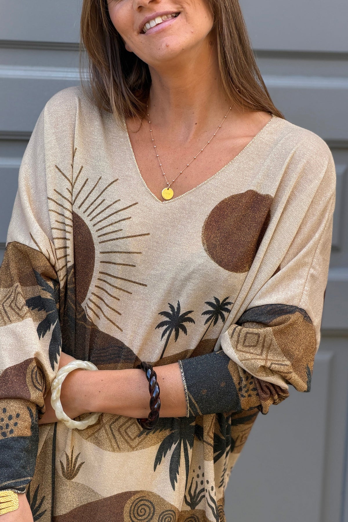 Brown Saharan Sunset Glitter Knit Blouse