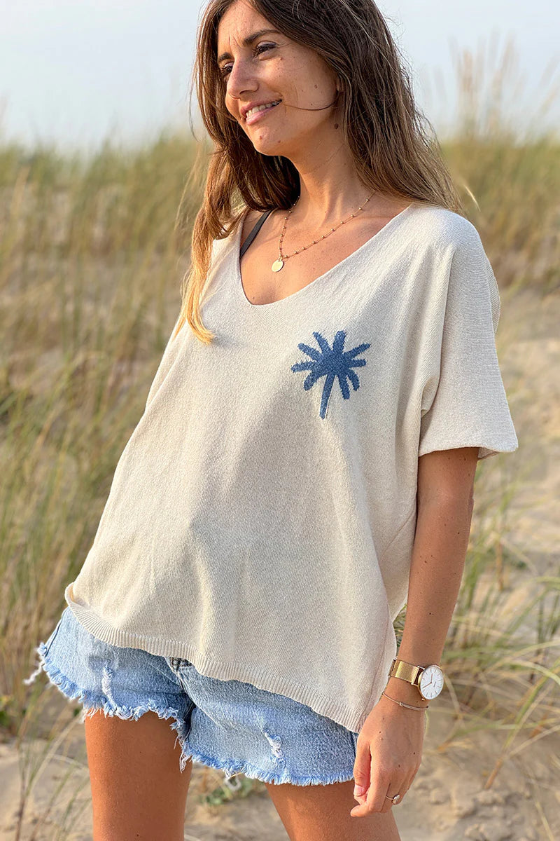 Navy Blue Palm Intarsia Knit Top