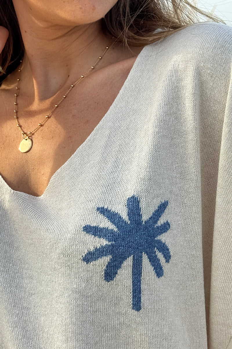 Navy Blue Palm Intarsia Knit Top