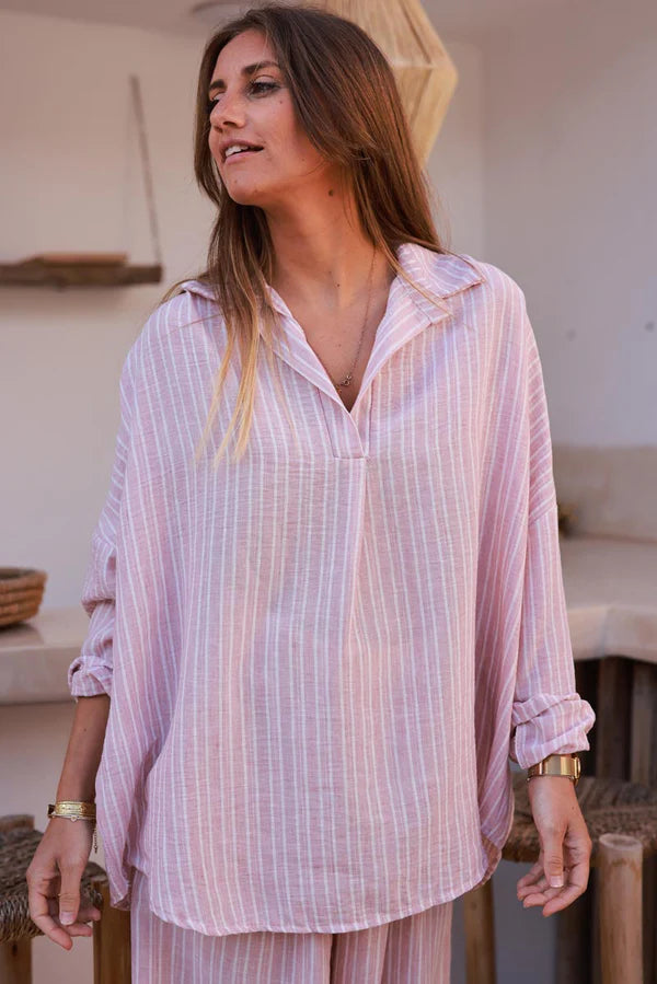 Light Pink Pinstripe Woven Split Neck Tunic