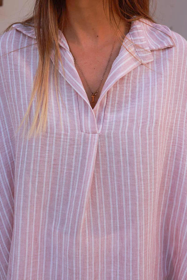 Light Pink Pinstripe Woven Split Neck Tunic
