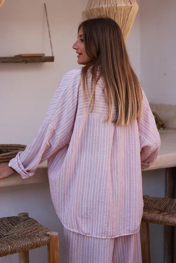 Light Pink Pinstripe Woven Split Neck Tunic