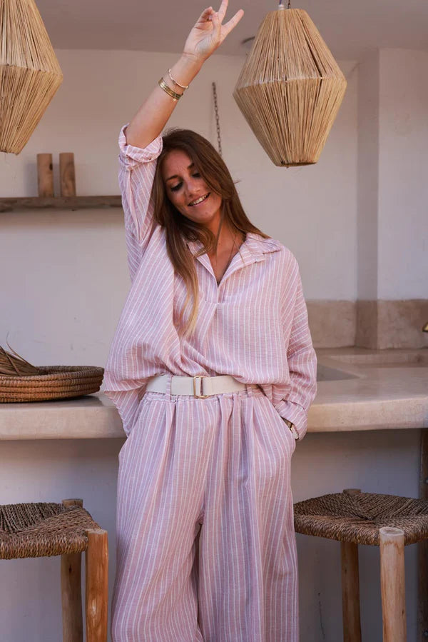 Light Pink Pinstripe Woven Split Neck Tunic