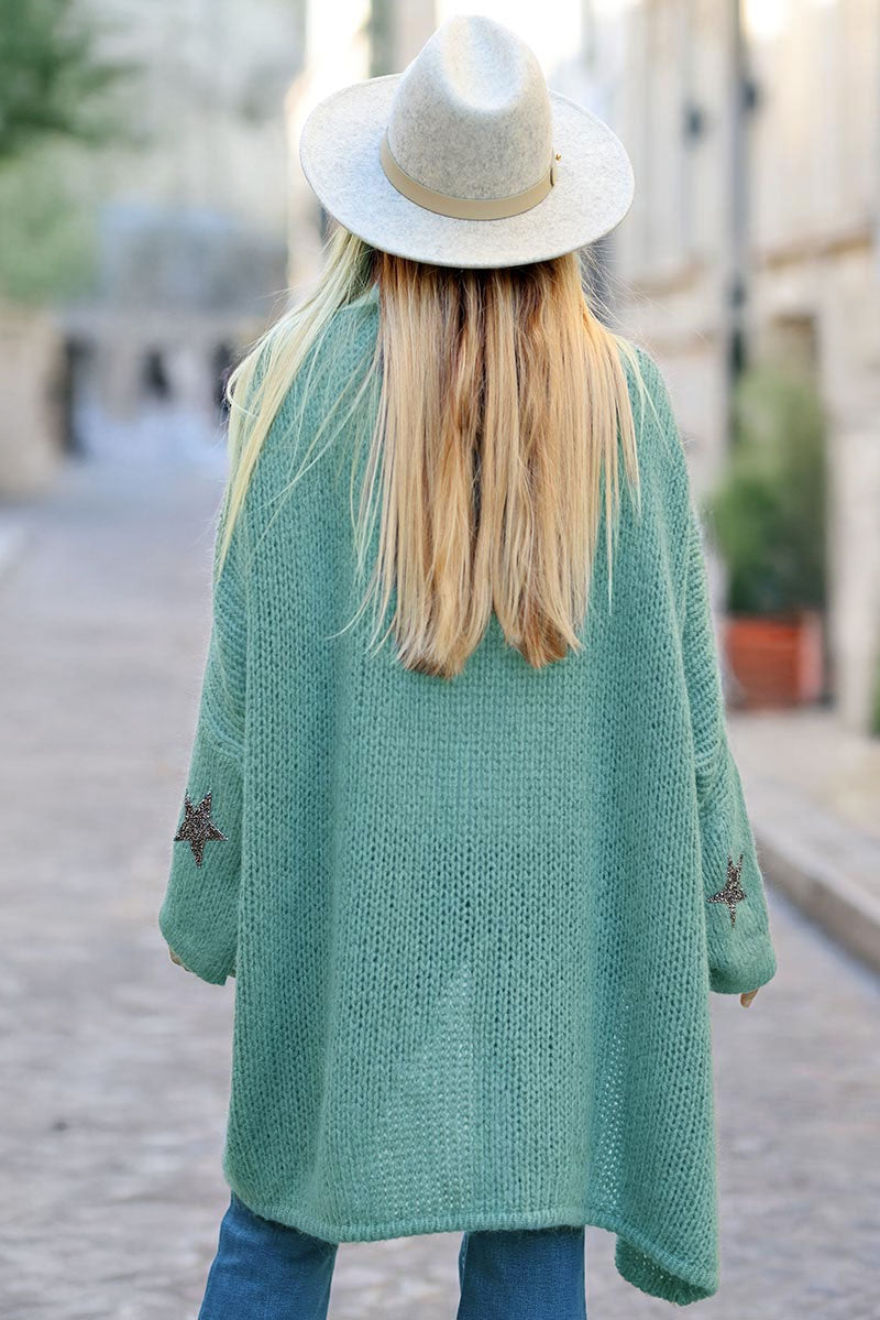 Water green Drop-Sleeve Knit Duster with Star Studded Cuffs