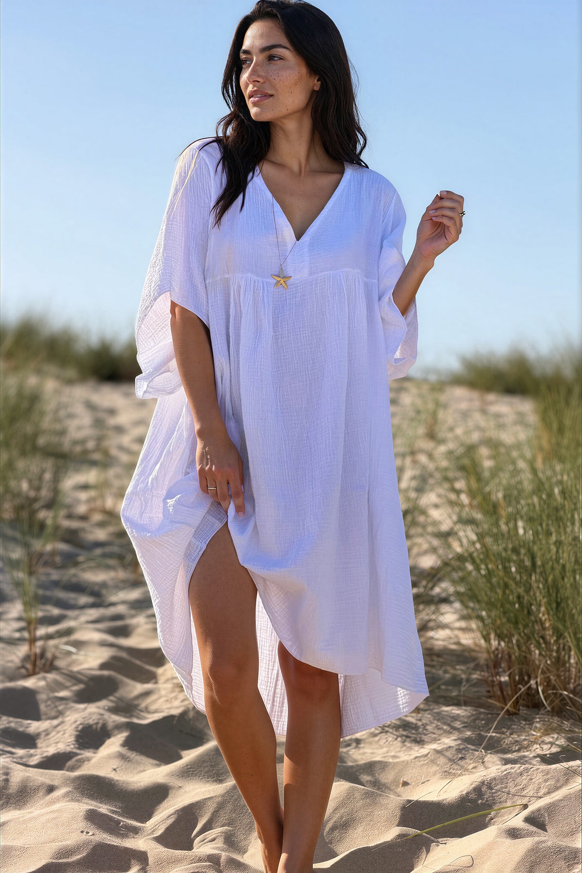 White Crinkle Gauze Beach Dress