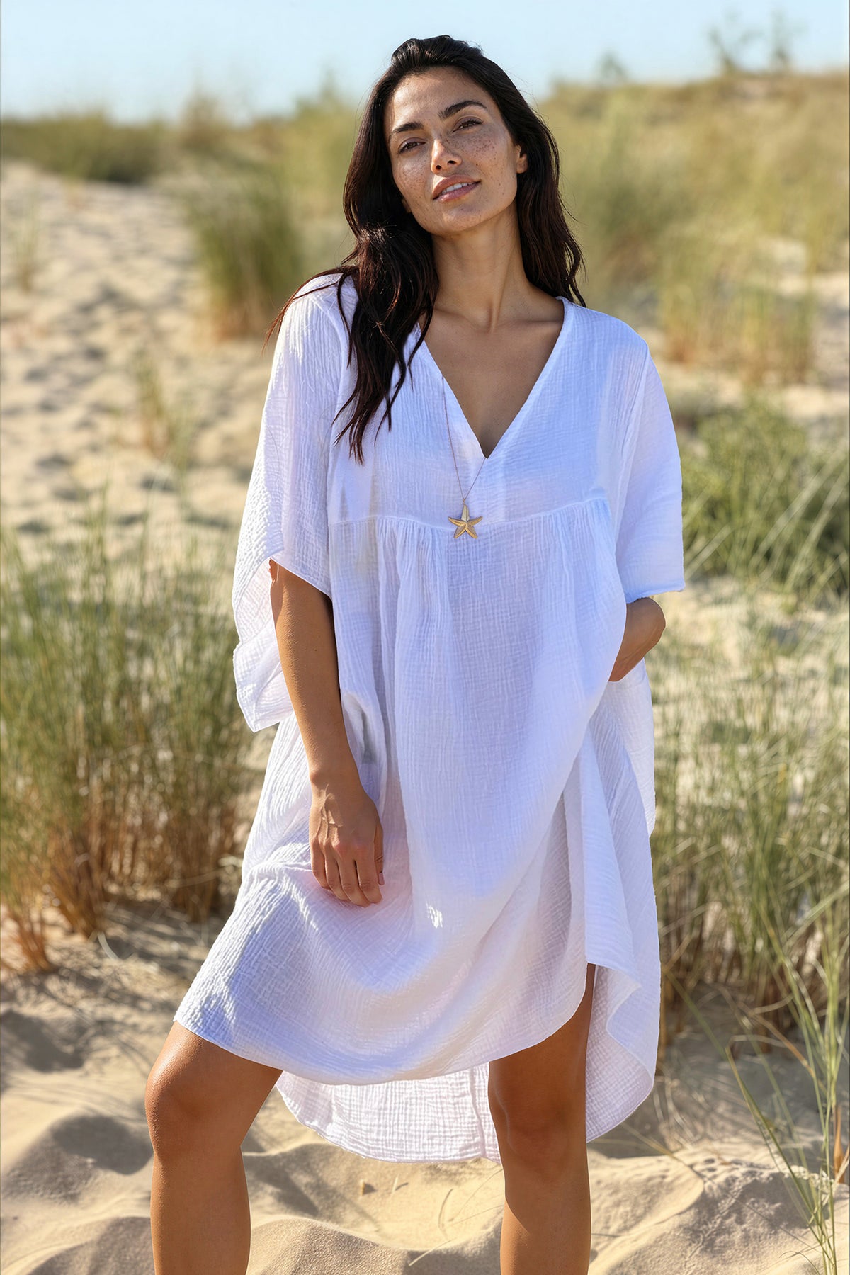White Crinkle Gauze Beach Dress