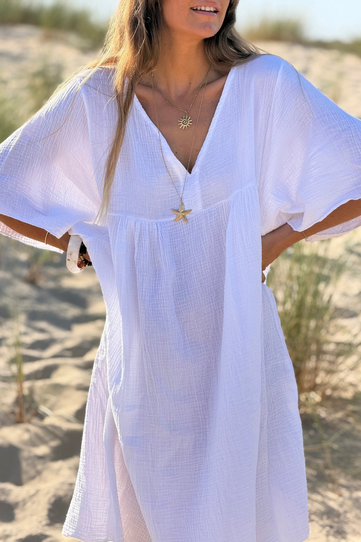 White Crinkle Gauze Beach Dress