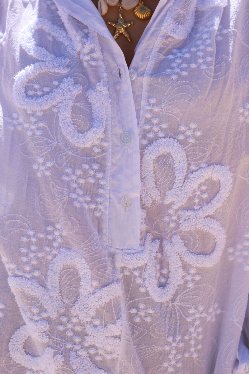 White Gauze Boucle Embroidered Blouse