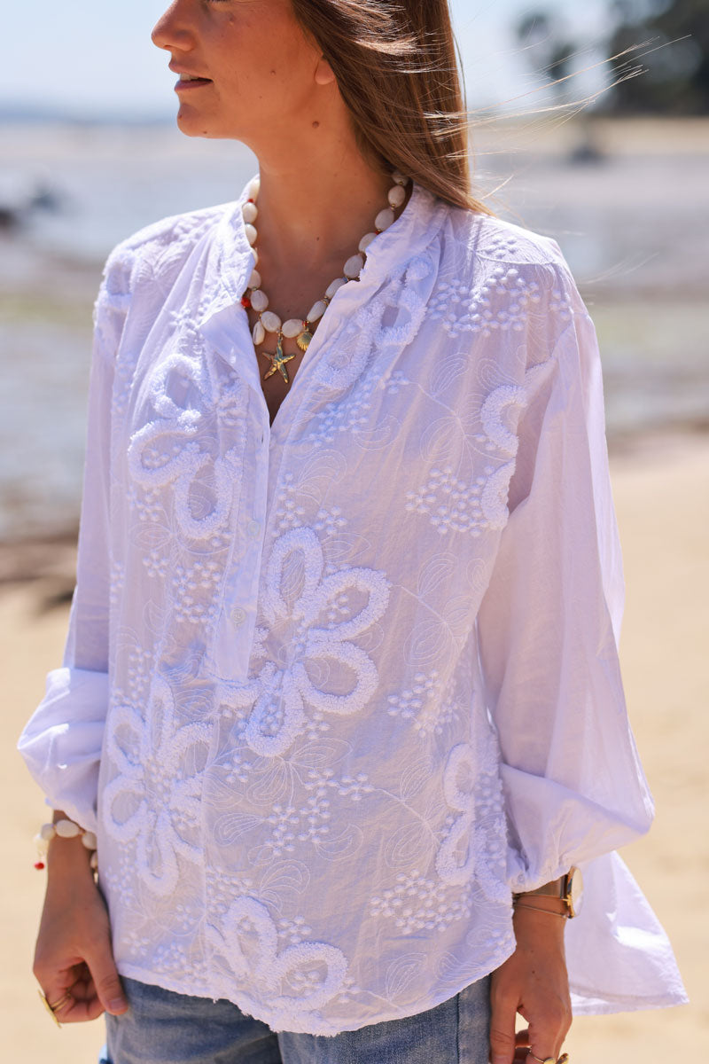 White Gauze Boucle Embroidered Blouse