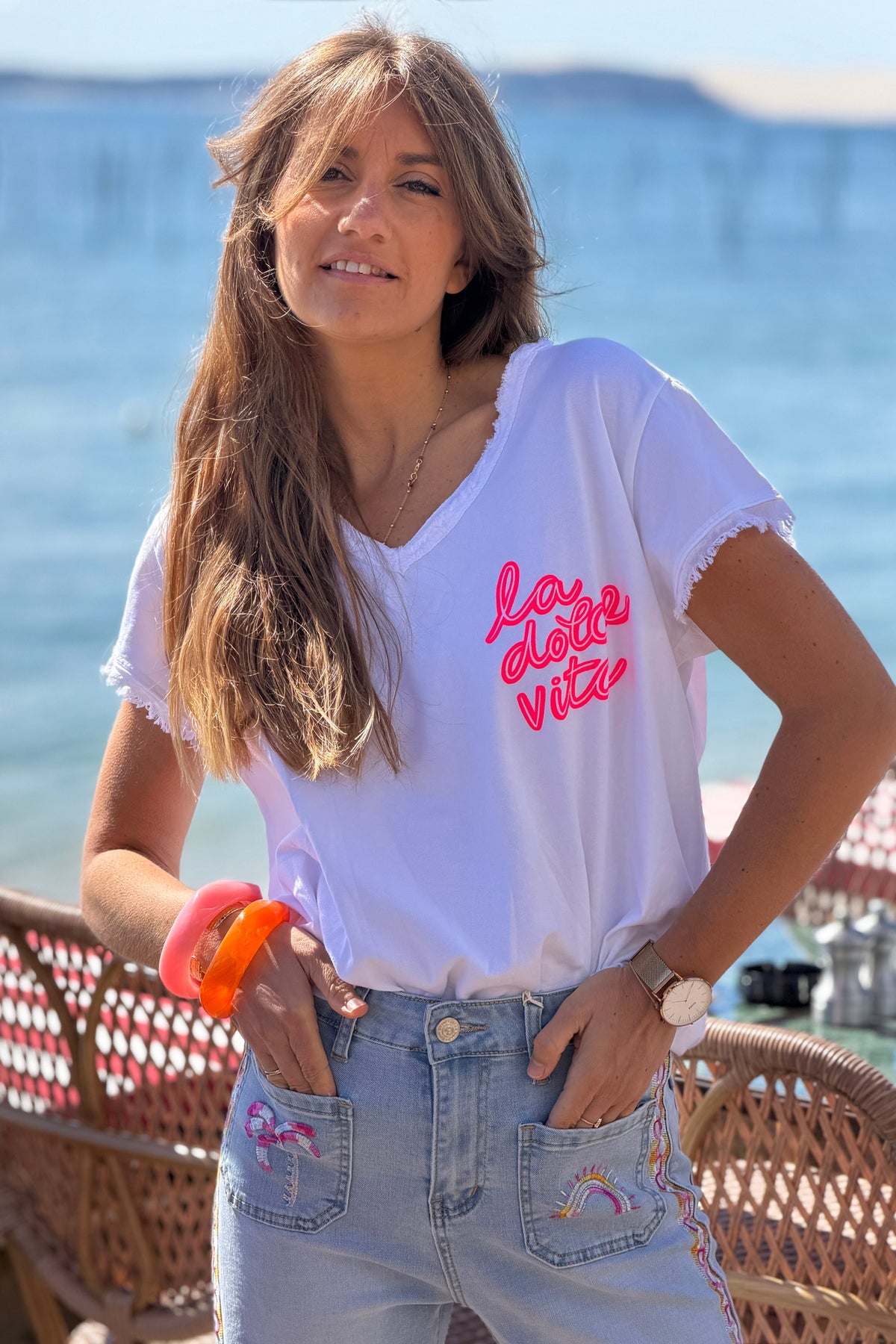 White La Dolce Vita Raw Hem Tee