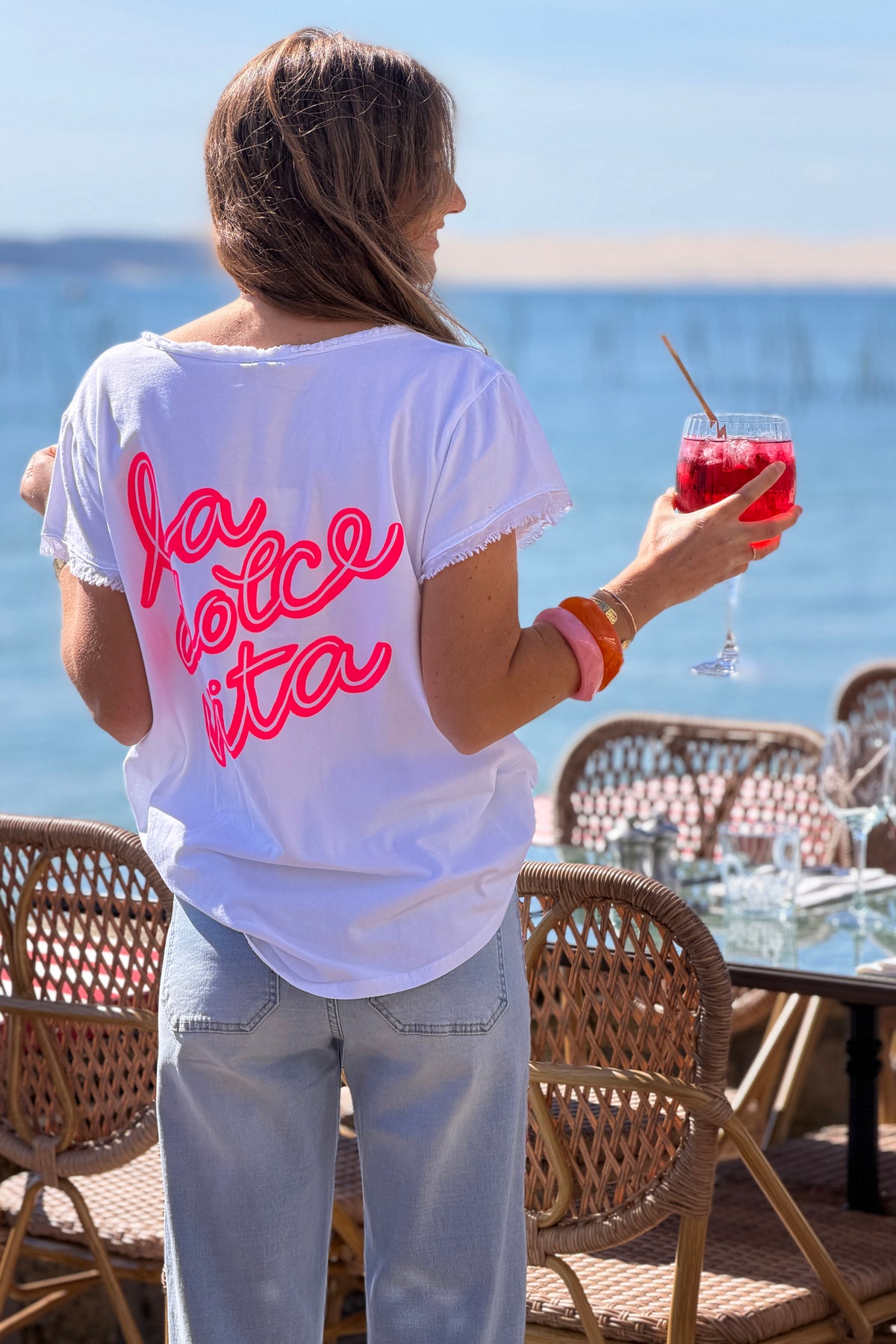 White La Dolce Vita Raw Hem Tee