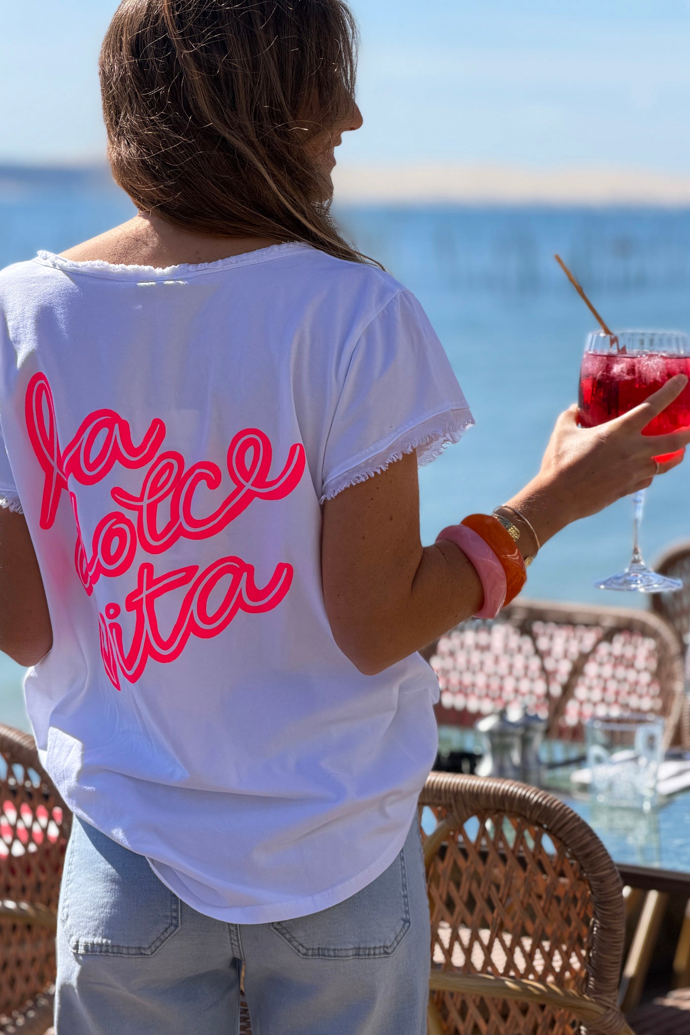 White La Dolce Vita Raw Hem Tee