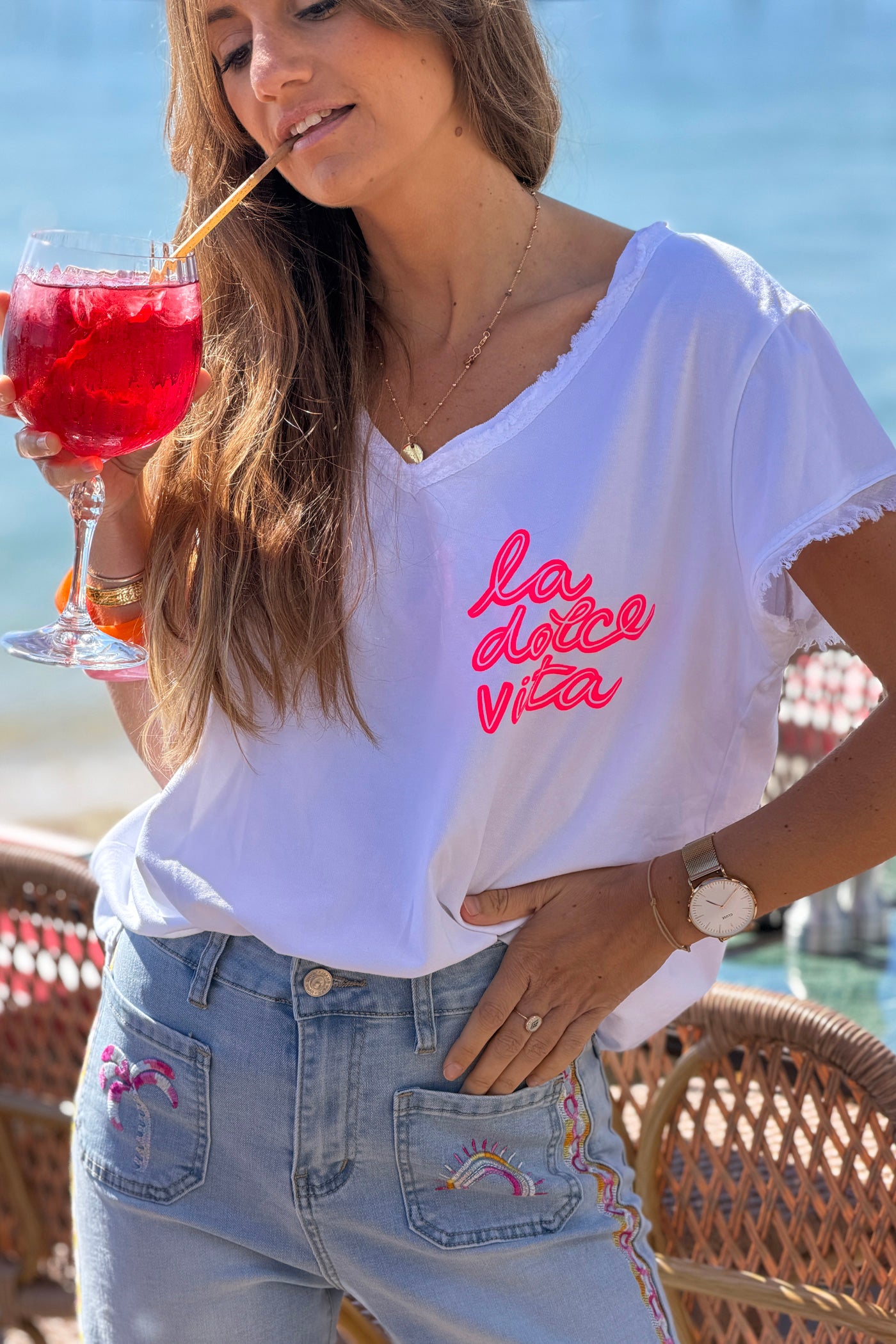 White La Dolce Vita Raw Hem Tee