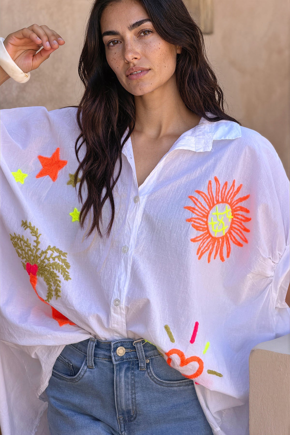 White “Neon Summer” Cotton Button-Down Blouse