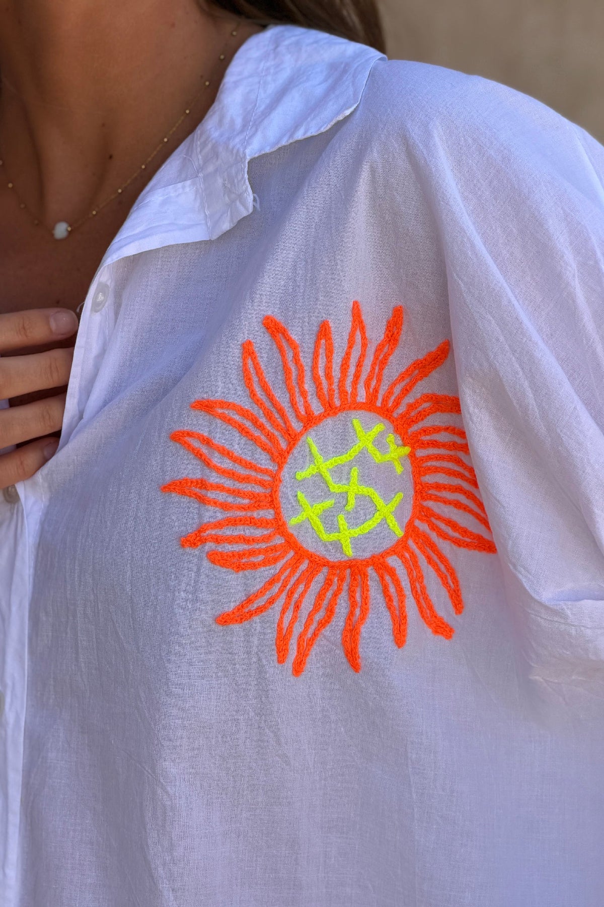 White “Neon Summer” Cotton Button-Down Blouse