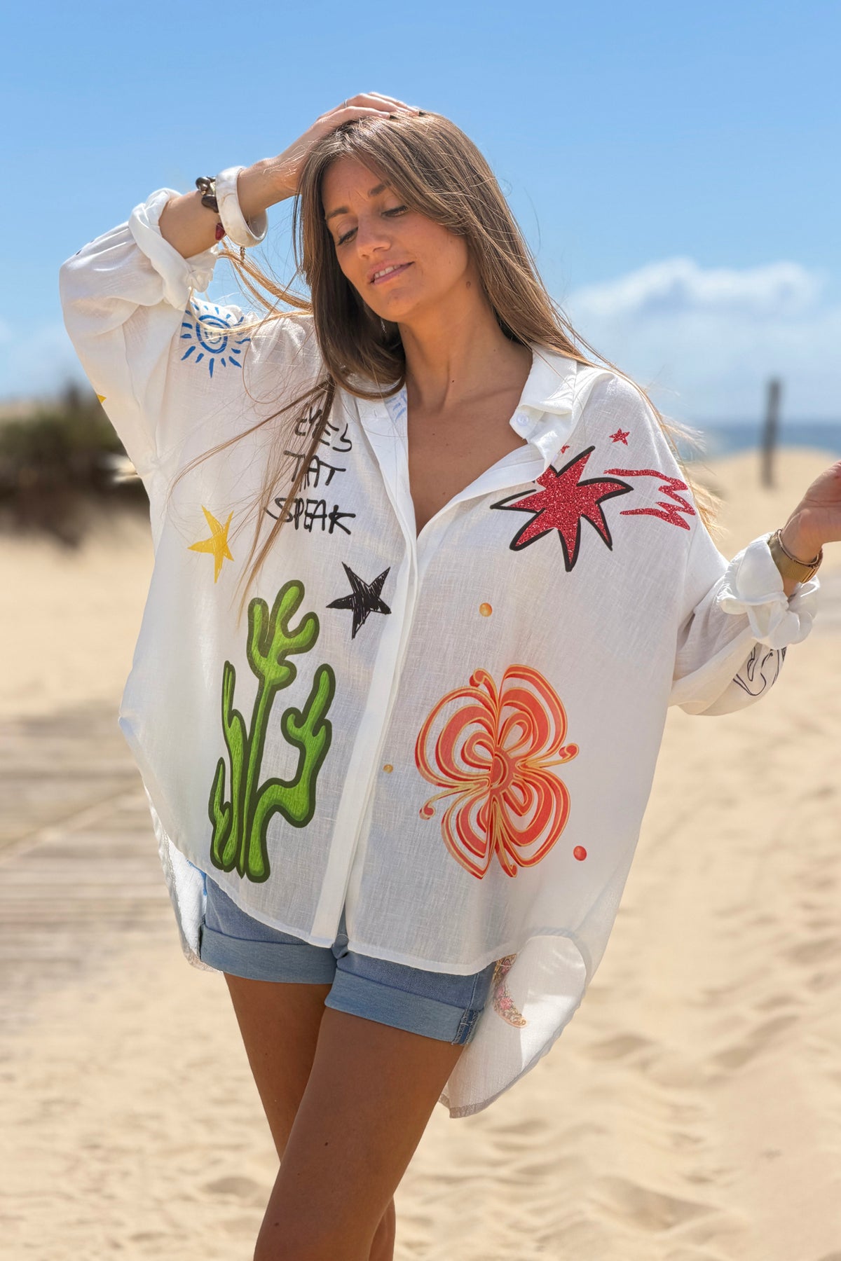 White Summer Collage Art Blouse