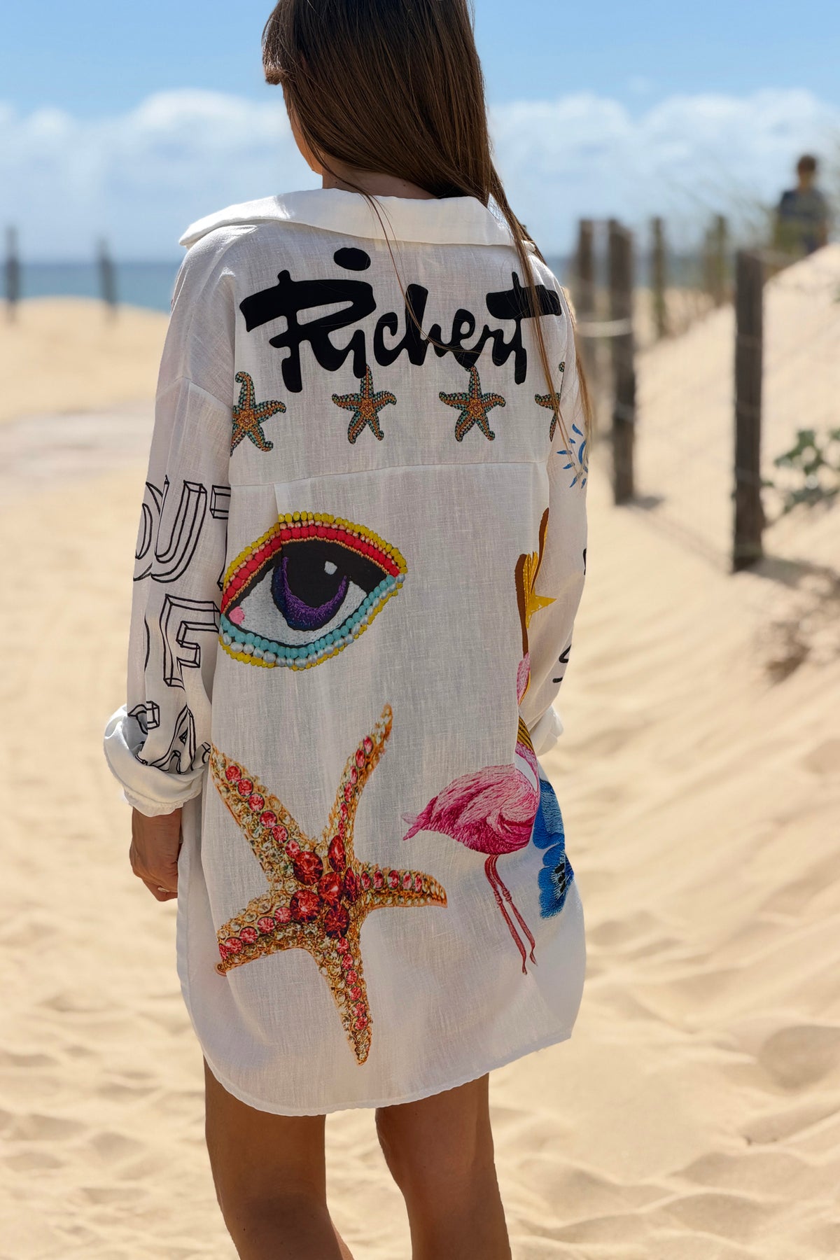 White Summer Collage Art Blouse