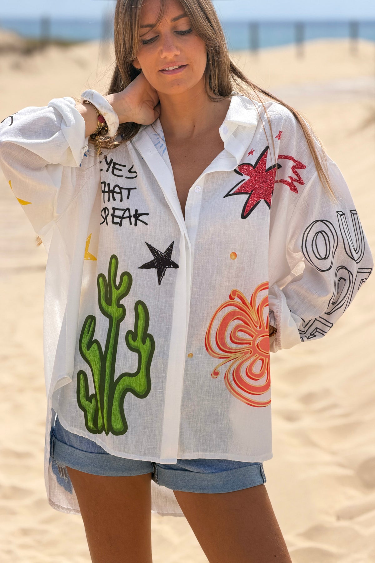 White Summer Collage Art Blouse