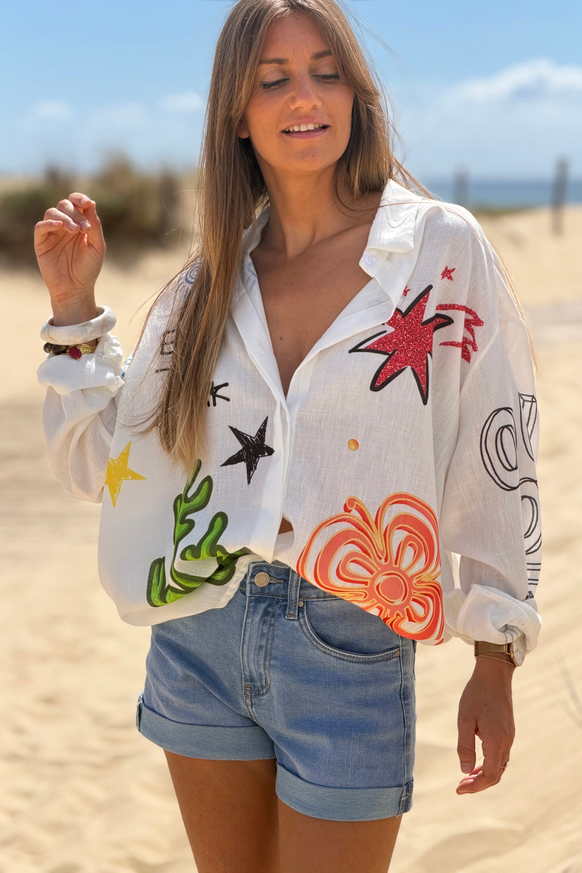 White Summer Collage Art Blouse