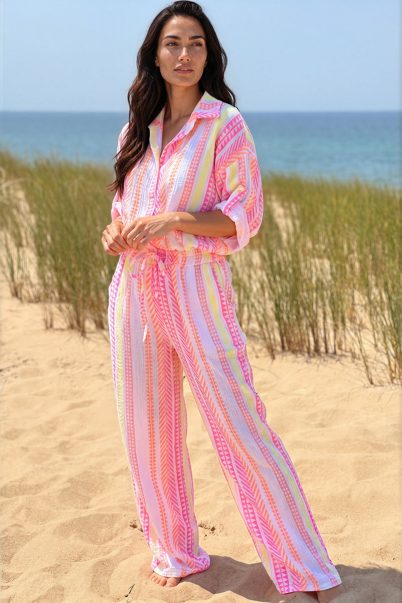 White Gauze Neon Stripe Button-Down Blouse