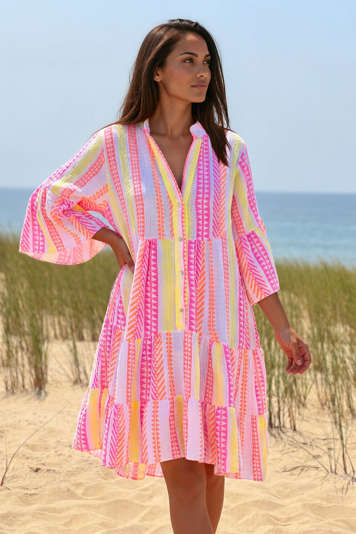 White Gauze Neon Stripe Tunic Dress