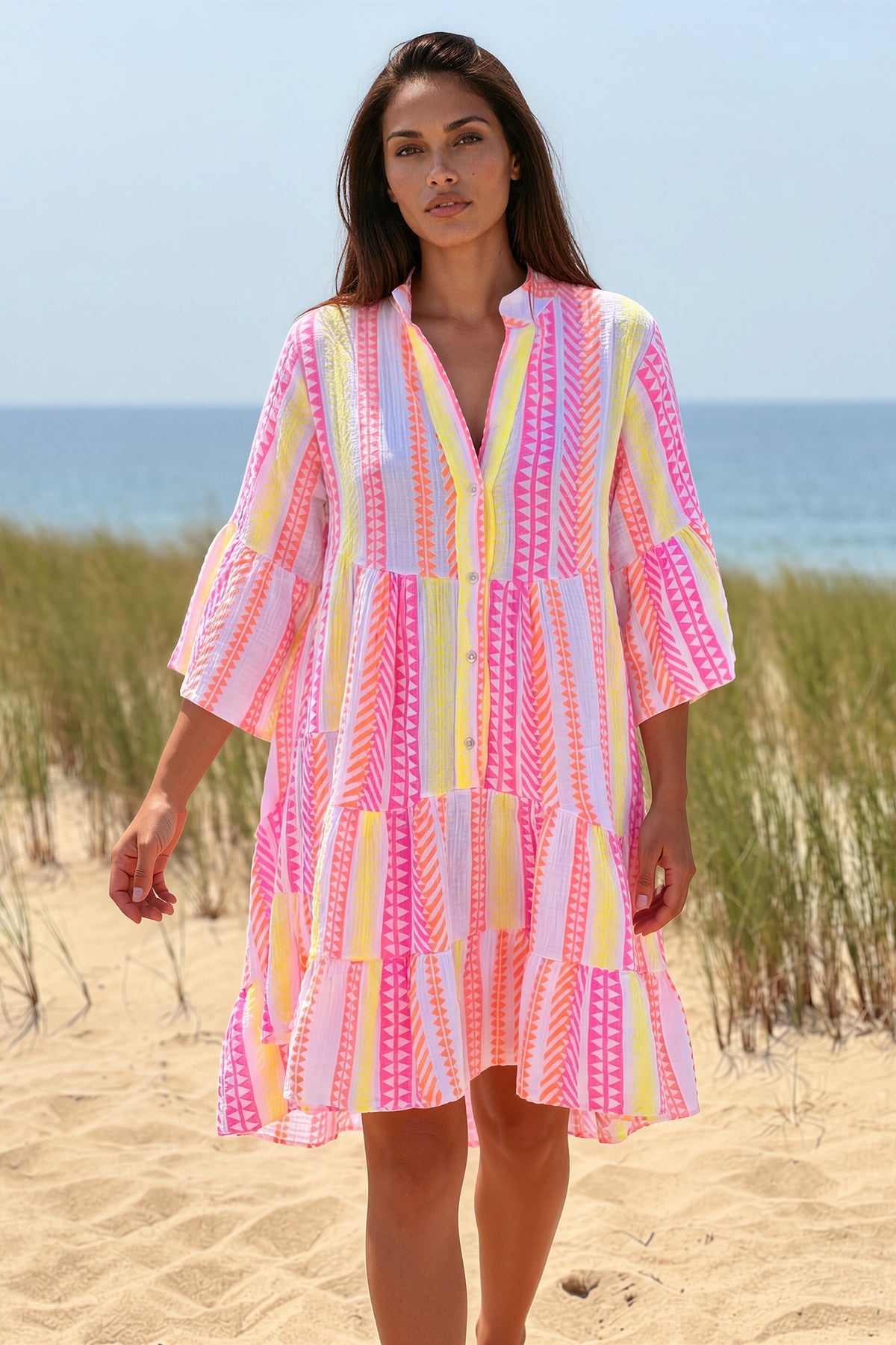 White Gauze Neon Stripe Tunic Dress