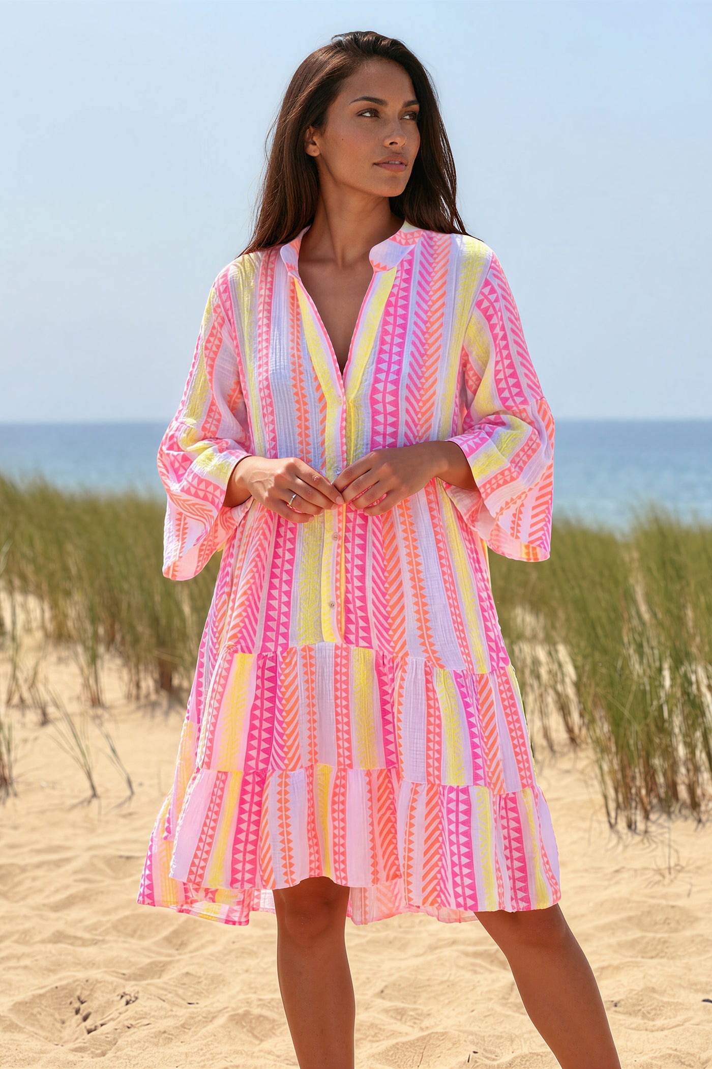 White Gauze Neon Stripe Tunic Dress