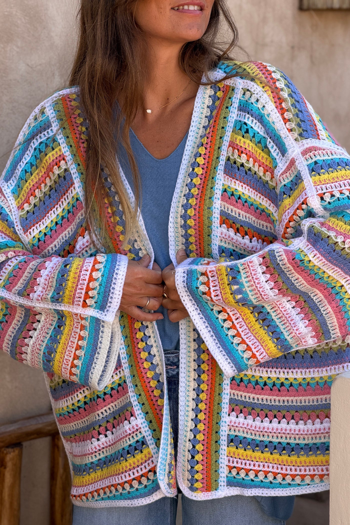 White Rainbow Summer Stripes Crochet Cardigan
