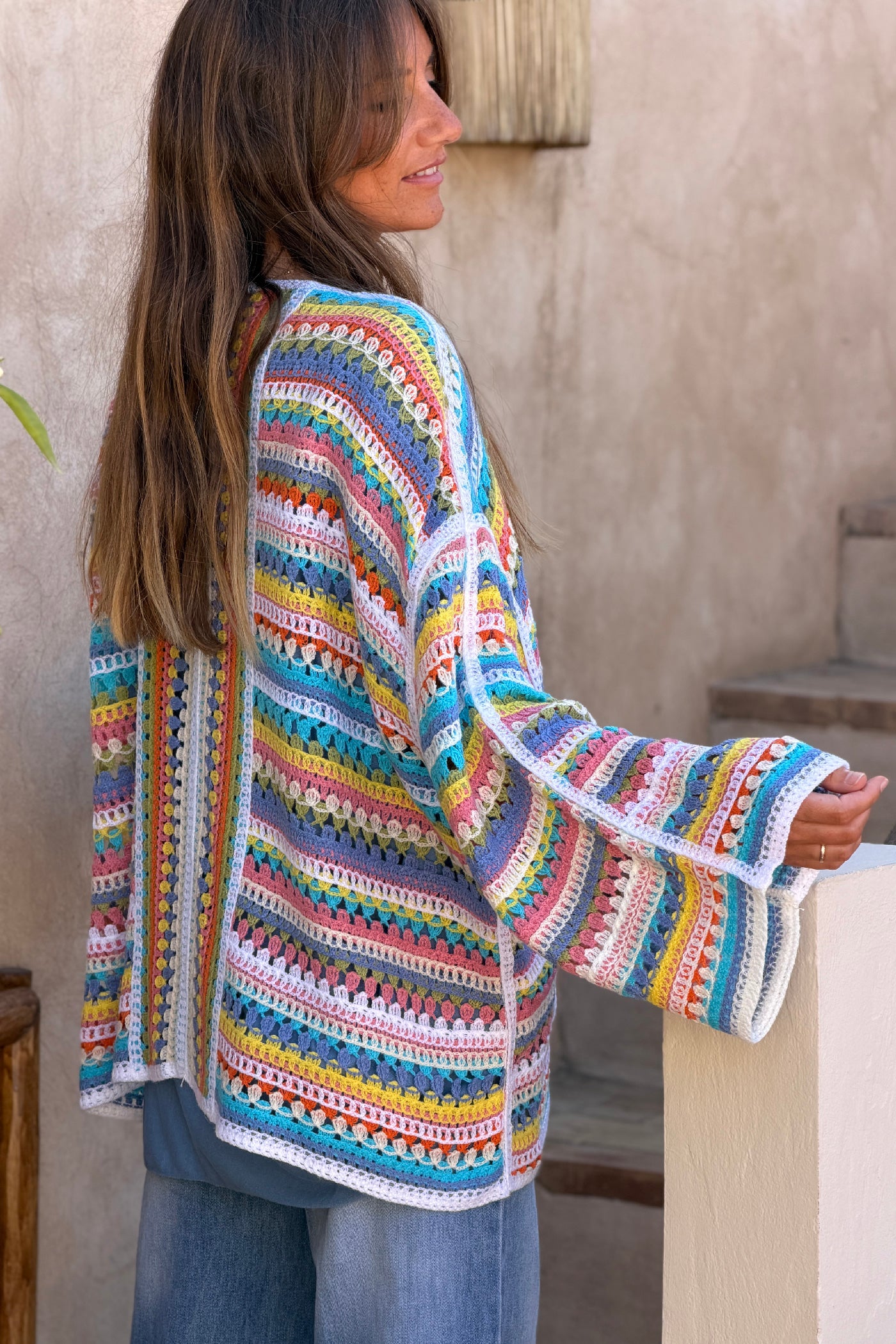 White Rainbow Summer Stripes Crochet Cardigan