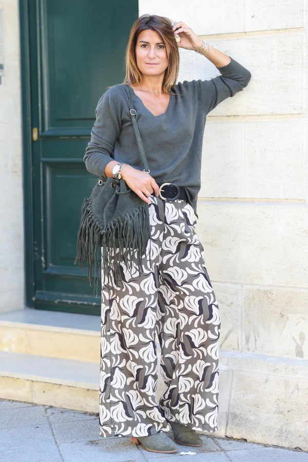 Wide Leg Linen Pants with Olive Bird of Paradise Print