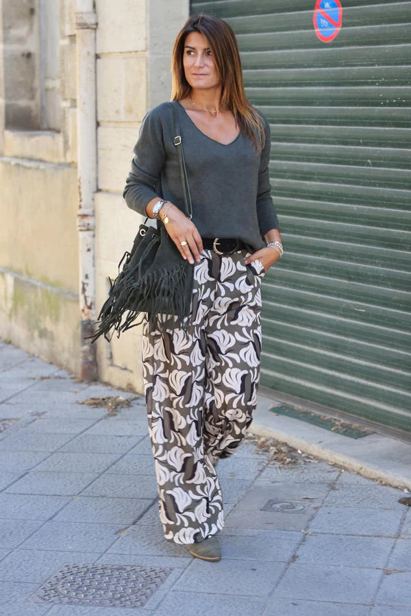 Wide Leg Linen Pants with Olive Bird of Paradise Print