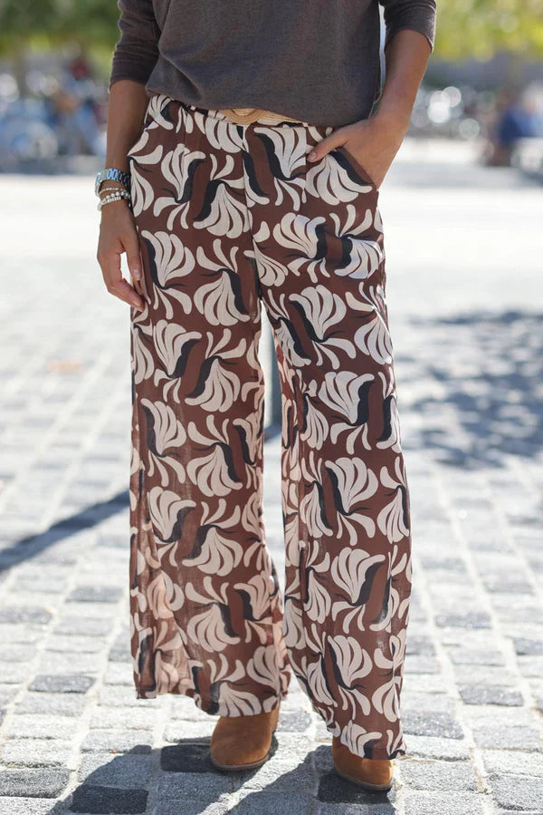 Wide Leg Linen Pants with Chocolate Bird of Paradise Print