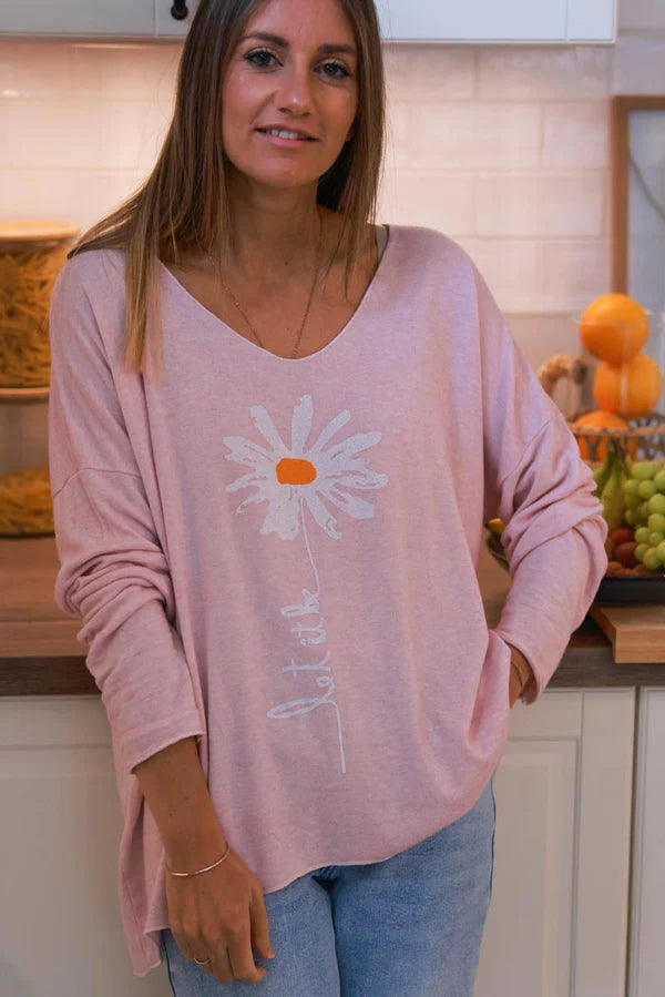 Baby Pink “Let it Be” Daisy Long-Sleeve Knit Top