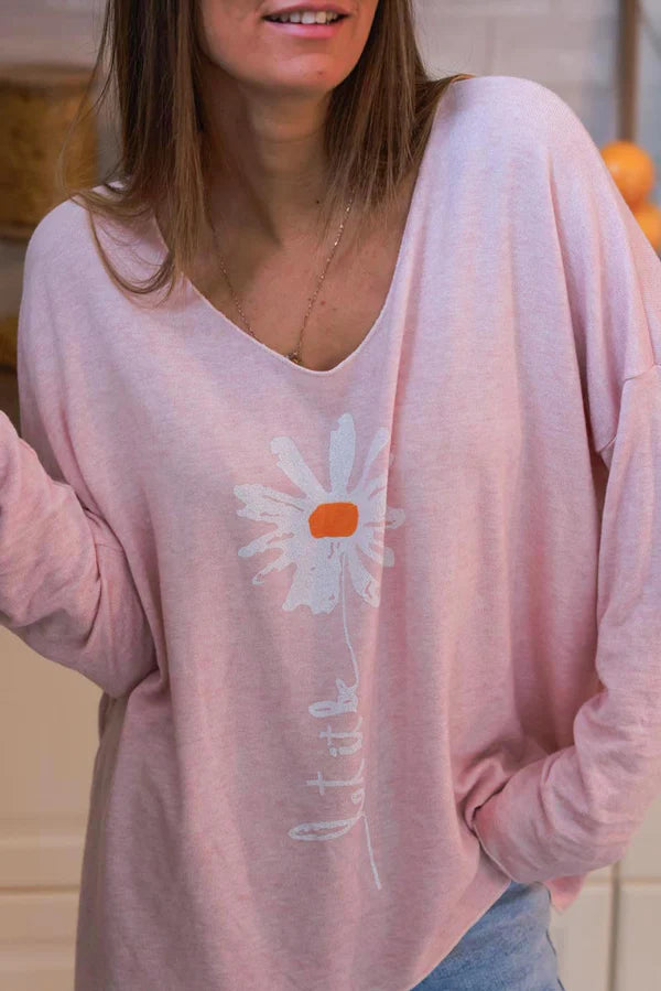 Baby Pink “Let it Be” Daisy Long-Sleeve Knit Top