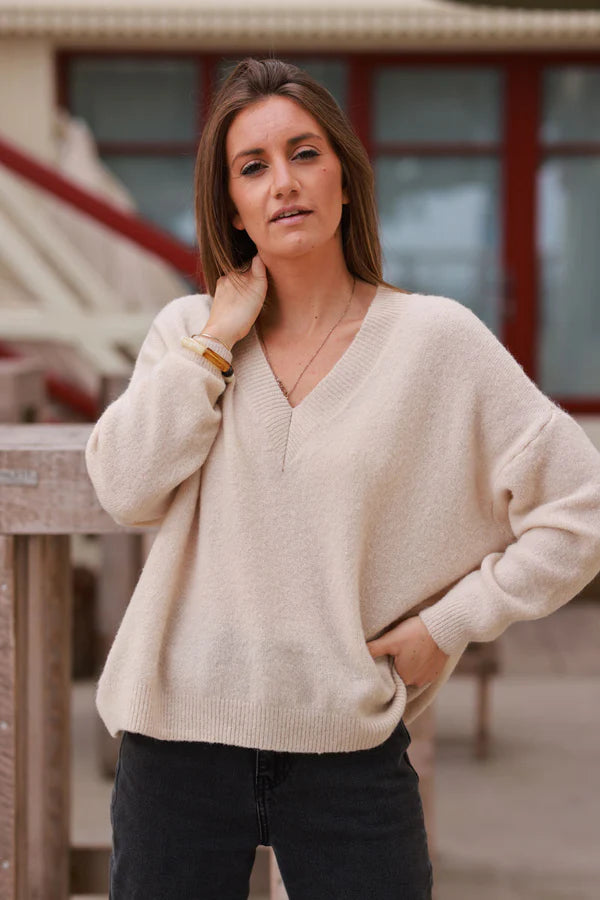 Beige Alpaca Knit V-Neck Sweater