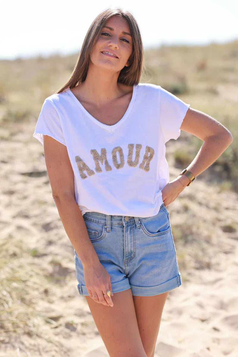 Beige “Amour” Collegiate Tee