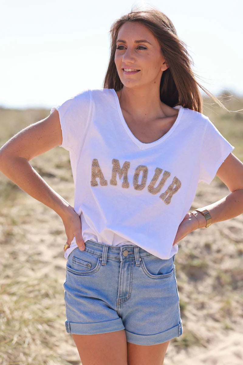 Beige “Amour” Collegiate Tee