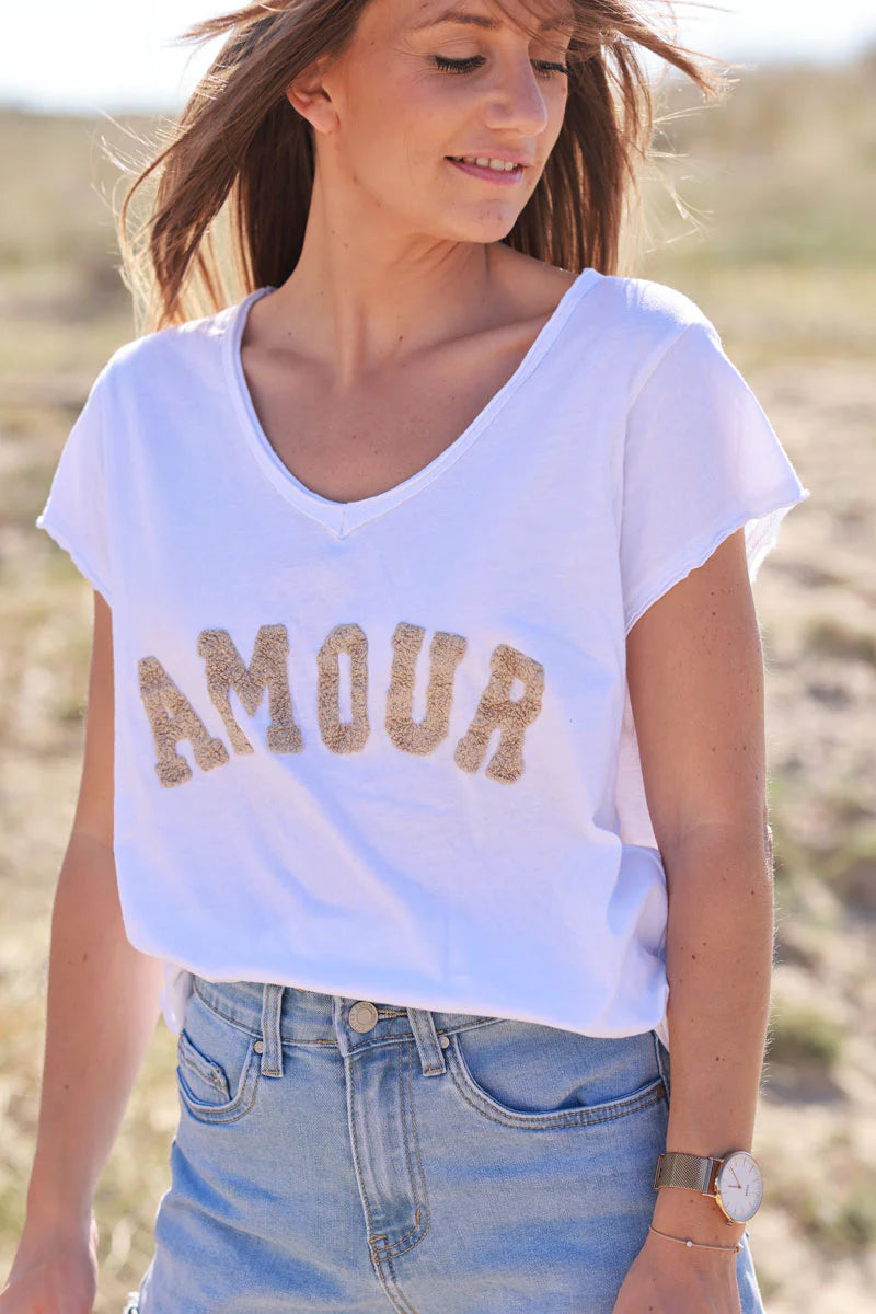 Beige “Amour” Collegiate Tee