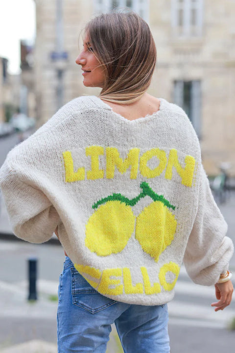 Beige chunky knit cardigan with lemon 'limoncello' back