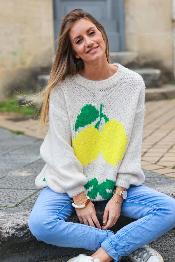 Beige Chunky Knit Sweater with Lemon Pattern