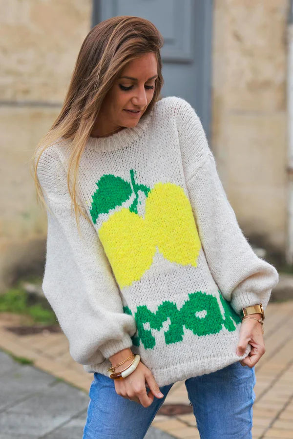 Beige Chunky Knit Sweater with Lemon Pattern