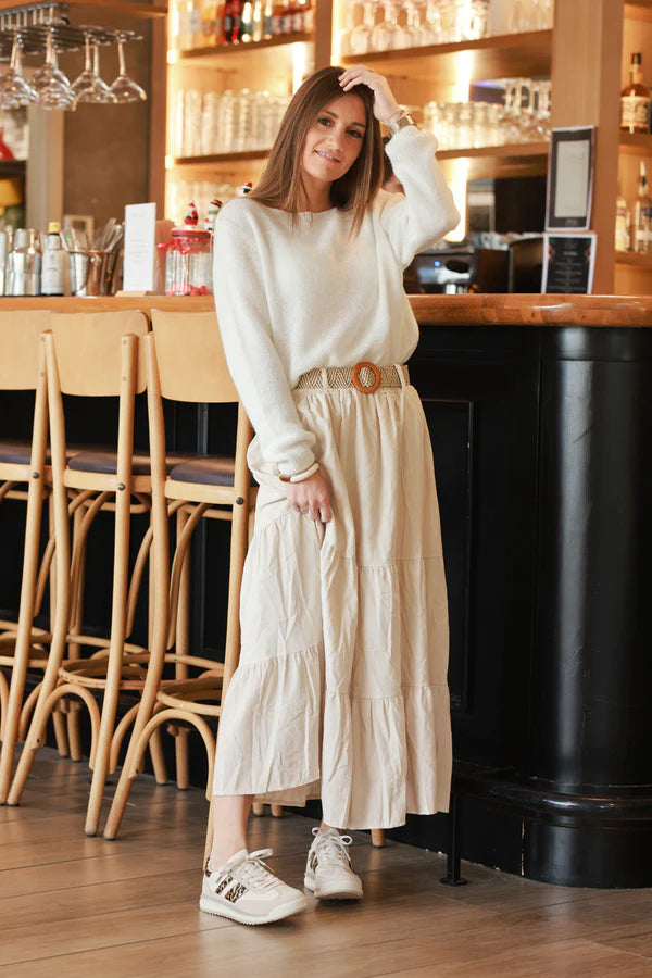 Beige Corduroy Tiered Skirt with Belt