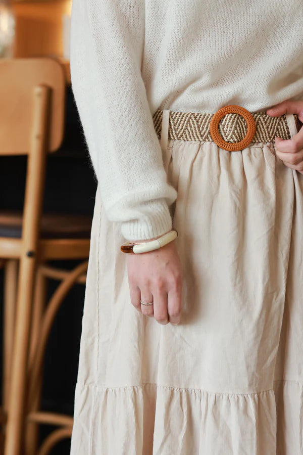 Beige Corduroy Tiered Skirt with Belt