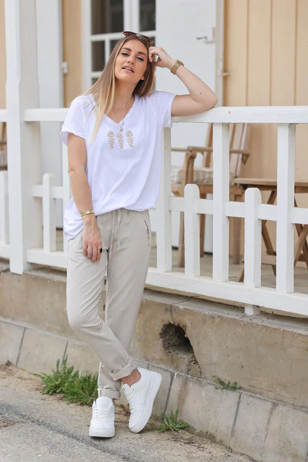 Beige Cotton Comfort Sweatpants with Silver Glitter Seams