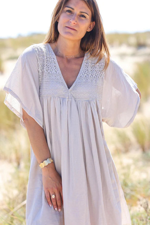 Beige floaty cotton dress with lace detail