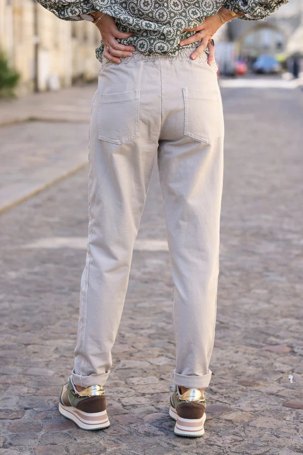 Beige Cotton Sweatpants Bottoms with Embroidered Cheveron Outseams