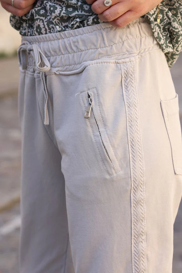 Beige Cotton Sweatpants Bottoms with Embroidered Cheveron Outseams